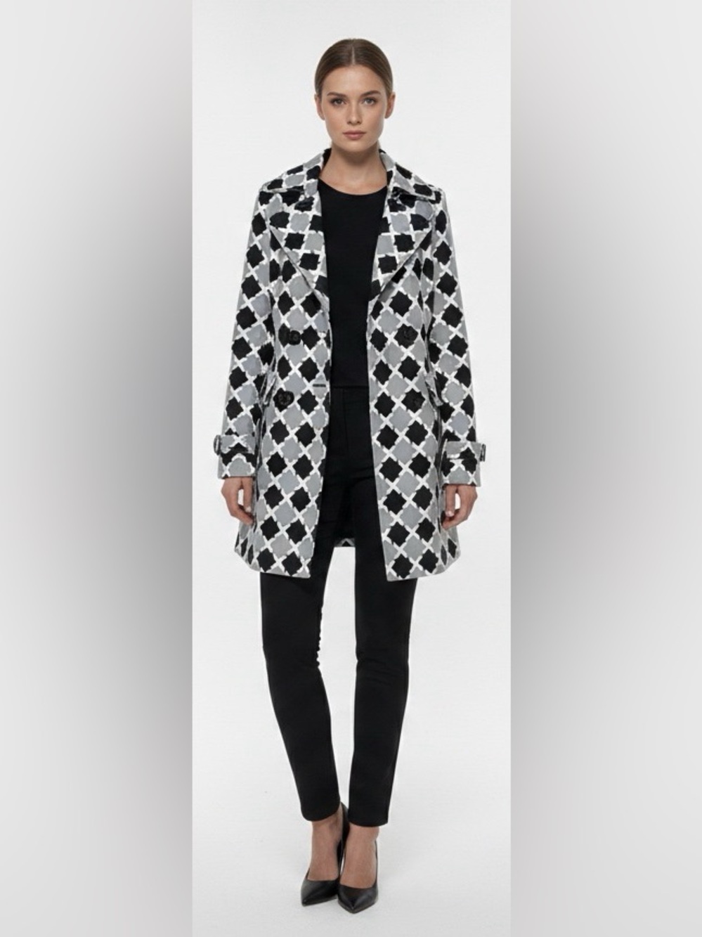 JohnPaulRichard Black, Gray & White Patterned Trench Coat